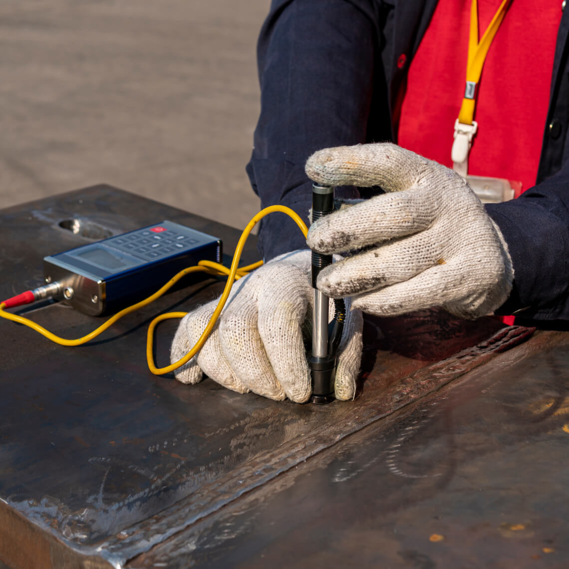 Up close view of a man wearing gloves, using a device to test the hardness of a metal.